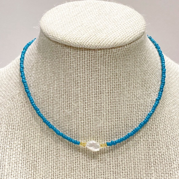 Handmade natural fresh water Pearl & turquoise glass seed bead necklace - Picture 1 of 4